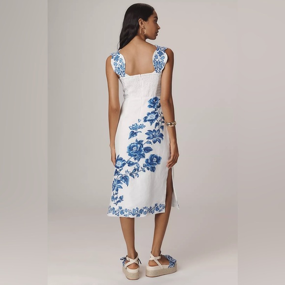 FARM Rio Off-White Floral Cascade Wavy Euroflax Premium Linen Midi Dress - Picture 6 of 10